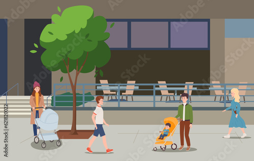 People walking in the city with baby strollers, flat vector illustration.