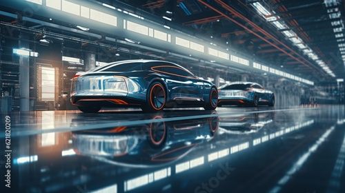 Futuristic electric cars at a factory with copy space. Generative AI © ColdFire
