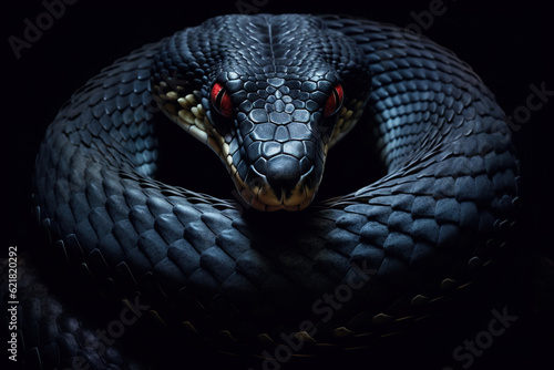 Close-up black dangerous cobra snake, reptile predator with red eyes on a dark background