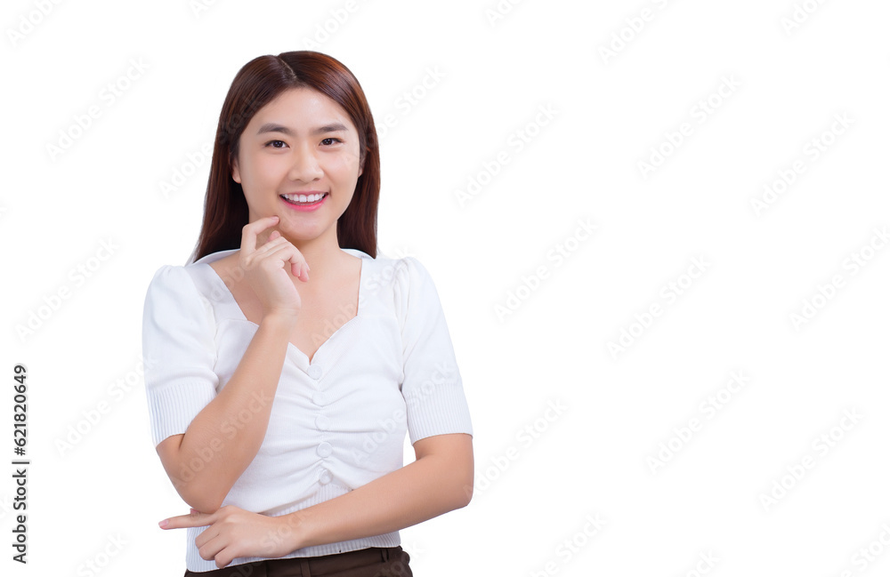 Portrait Asian pretty woman in white shirt touches her face and smiles while isolated on white background Portrait Asian pretty woman in white shirt touches her face and smiles while isolated on white background