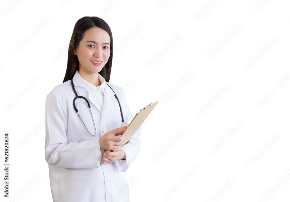 Young professional Asian woman doctor working at hospital. She wear white robe and stethoscope and hold clipboard in her hands while isolated on white background. Young professional Asian woman doctor working at hospital. She wear white robe and stethoscope and hold clipboard in her hands while isolated on white background.