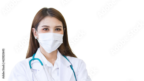 Asian female doctor stood wearing white robe wearing mask and stethoscope. health care pollution PM2.5 new normal and coronavirus protection concept while isolated on white background..