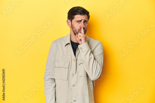 Caucasian man in grey shirt, studio shot on yellow keeping a secret or asking for silence. © Asier