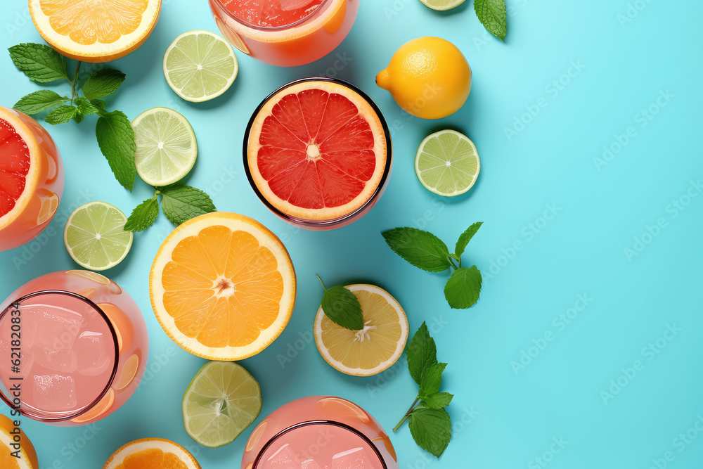 Top view of summer citrus cold drinks with citrus juice, orange slices, ice cubes, mint isolated on blue background with copy space. Summer refreshment time concept. Generative AI photo imitation.