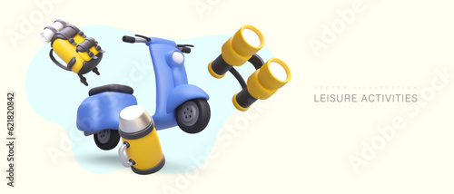 Active leisure. 3D moped, binoculars, thermos, backpack. Comfortable rest in nature. Color vector template on spotted background, with floating objects. Place for text