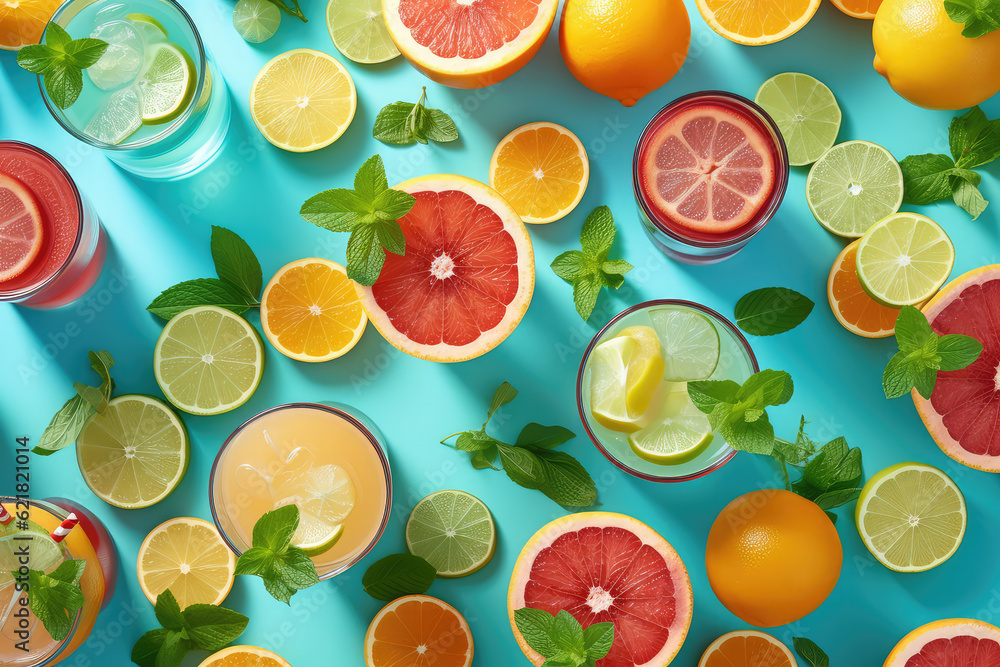 Top view of summer citrus cold drinks with citrus juice, orange slices, ice cubes, mint isolated on blue background Summer refreshment time concept. Generative AI photo imitation. Top view of summer citrus cold drinks with citrus juice, orange slices, ice cubes, mint isolated on blue background Summer refreshment time concept. Generative AI photo imitation.