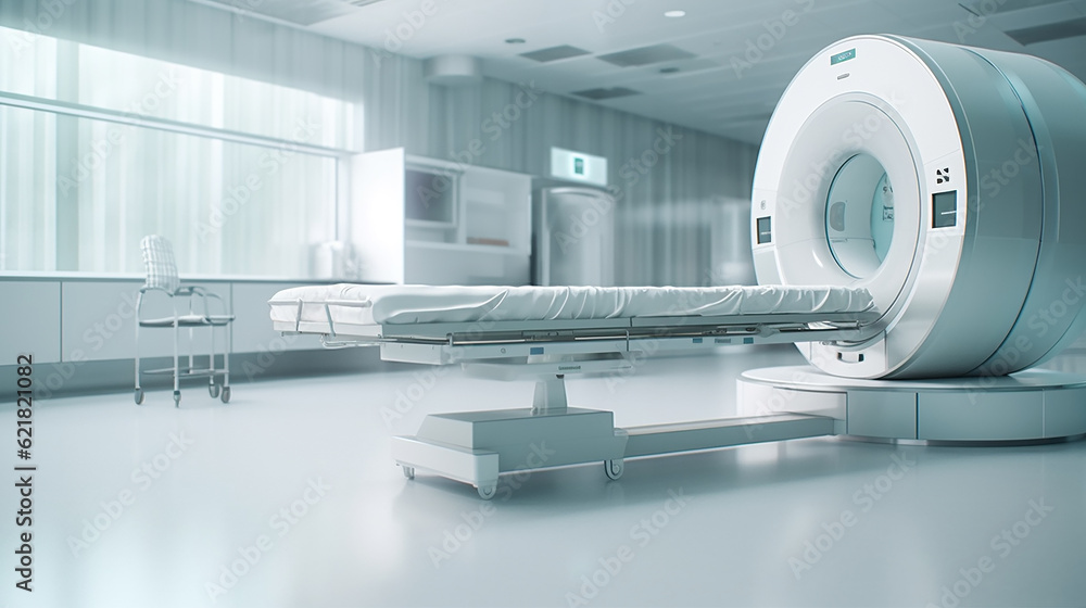 an MRI machine in the interior of a bright hospital. Generative AI an MRI machine in the interior of a bright hospital. Generative AI