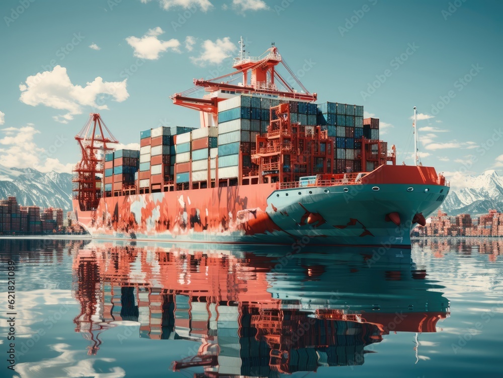 Front view from bow of a large shipping container ship in the ocean, port and bright sky in the background. Generative AI