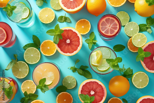 Top view of summer citrus cold drinks with citrus juice  orange slices  ice cubes  mint isolated on blue background Summer refreshment time concept. Generative AI photo imitation.