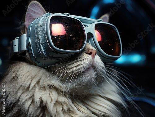 White cat wearing VR headset, surreal worlds and colorful, black in the background. Generative AI