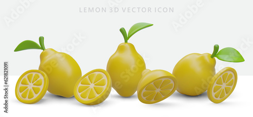Vector realistic lemon icon. Whole fruit, half and piece from different sides. Color isolated image with shadows. Juicy yellow citrus. Realistic illustration in plasticine style