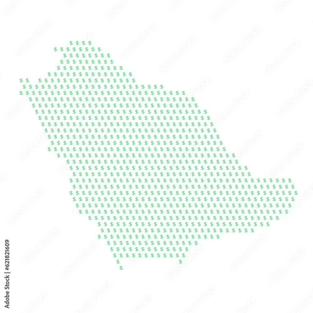 Map of the country of Saudi Arabia with dollar sign icons on a white background