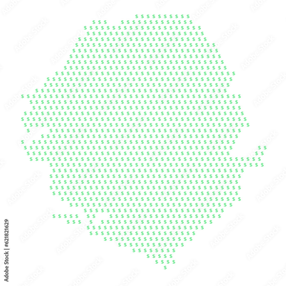Map of the country of Sierra Leone with dollar sign icons on a white background
