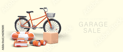 Yard sale. Realistic bicycle with basket, lifebuoy, books, binoculars, cardboard box. Time to sell off extra stuff. Template with place for text, address. Concept of decluttering photo