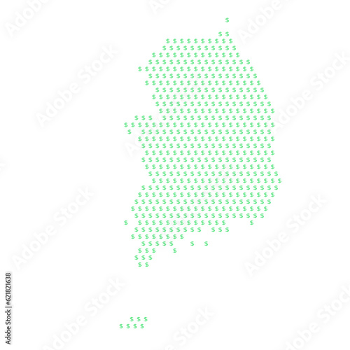 Map of the country of South Korea with dollar sign icons on a white background