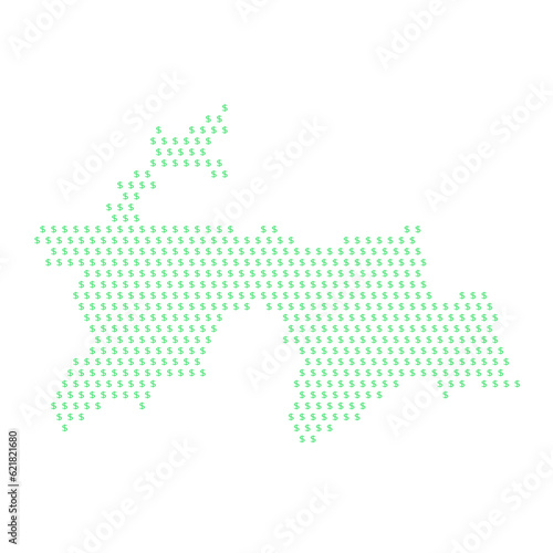 Map of the country of Tajikistan with dollar sign icons on a white background