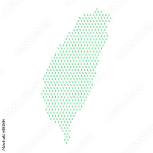 Map of the country of Taiwan with dollar sign icons on a white background