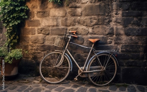 A bicycle leaning against a wall with a basket. AI