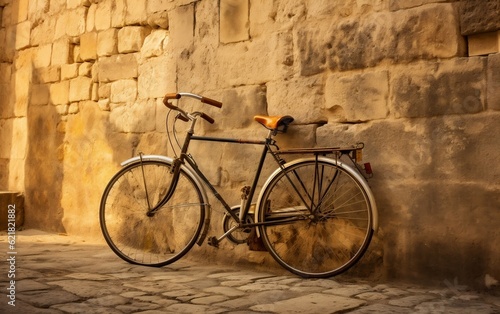 A bicycle leaning against a wall with a basket. AI © Umar