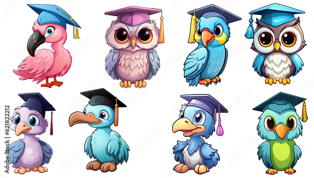 Cute Graduation Birds Stickers. Generative AI Cute Graduation Birds Stickers. Generative AI