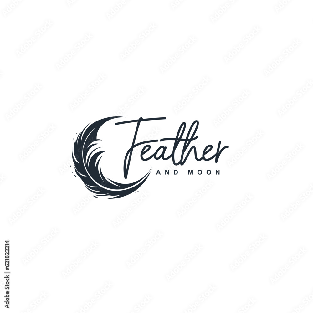 Fototapeta premium feather icon logo design template. a combination of feathers and a crescent moon logo vector illustration