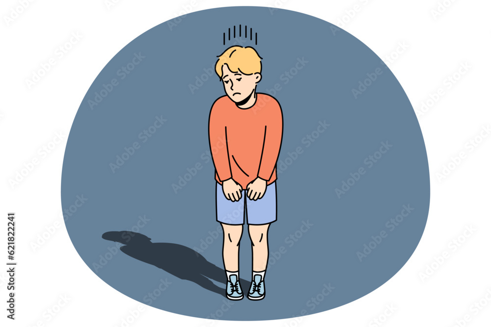 Unhappy small boy child feel insecure and lonely. Upset little kid suffer from loneliness or solitude, lack communication. Children problem. Vector illustration.