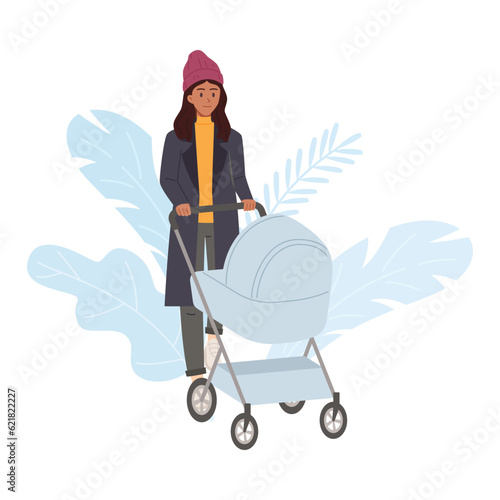 Happy young woman in hat and coat walking with baby carriage flat style