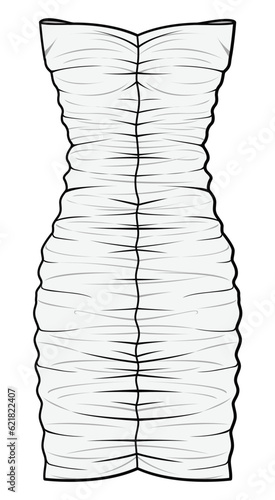 Sweetheart Neck Tube Ruched Dress Fashion Flat Sketch Vector Illustration, CAD, Technical Drawing, Flat Drawing, Template, Mockup.