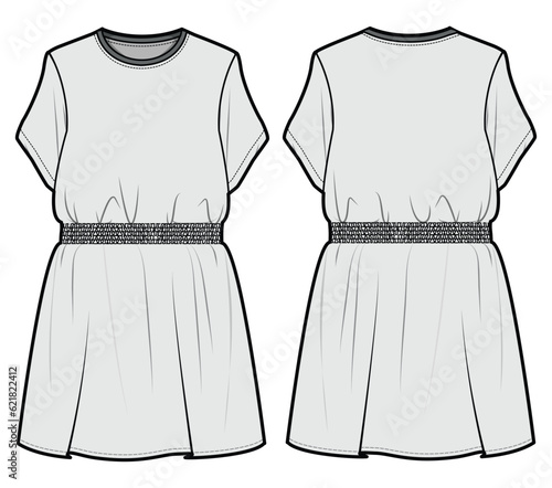 Girls Short Sleeve Waist Gathered Dress Front and Back View. Fashion Flat Sketch Vector Illustration, CAD, Technical Drawing, Flat Drawing, Template, Mockup.