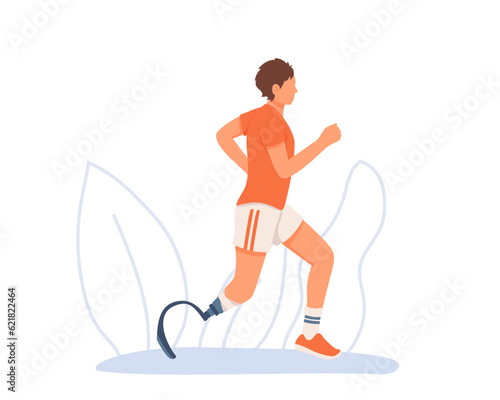 Athletic man with prosthetic leg in sporty clothes running outside. Concept of developing independence. Activities for people with physical barriers. Vector flat illustration