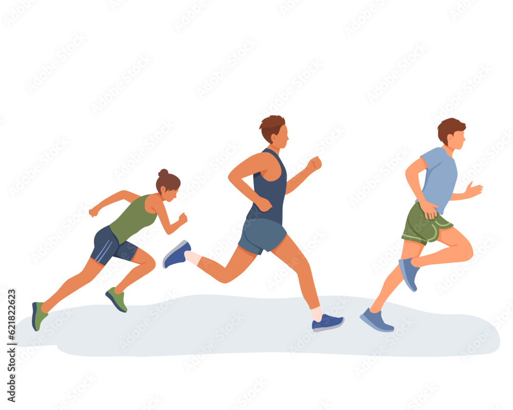 Young lady and men in sport clothes running outside. Doing cardio exercises together. Active and healthy lifestyle. Time to lose weight. Vector flat illustration