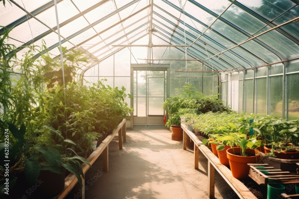Greenhouse inside plants pot. Generate Ai