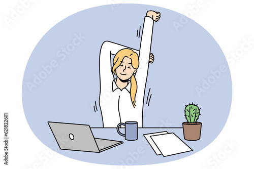Exhausted female employee stretching sitting at desk in office. Tired woman do gymnastics and exercises at workplace. Sport activity. Vector illustration.