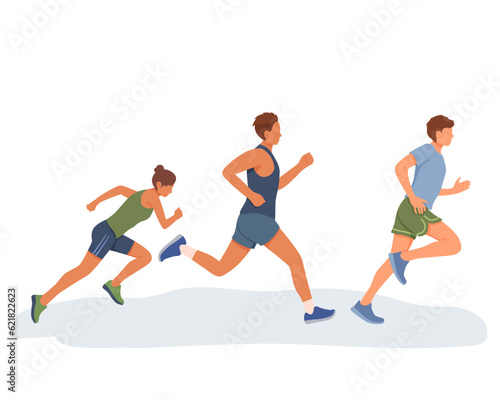 Young lady and men in sport clothes running outside. Doing cardio exercises together. Active and healthy lifestyle. Time to lose weight. Vector flat illustration