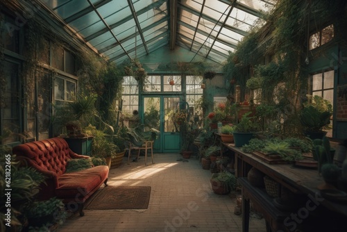 Greenhouse inside plants. Generate Ai