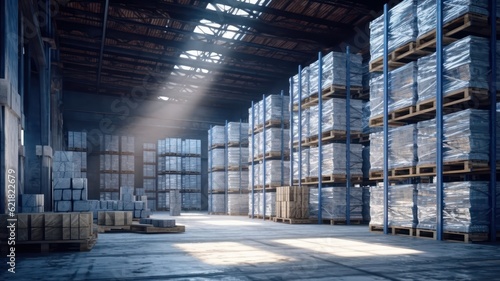 Large industrial warehouse. High racks filled with boxes and containers. Boxes on pallets in the sorting area. Daylight fills the room through the windows. Global logistics concept. 3D illustration.