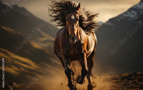A horse running through a field with mountains in the background. AI