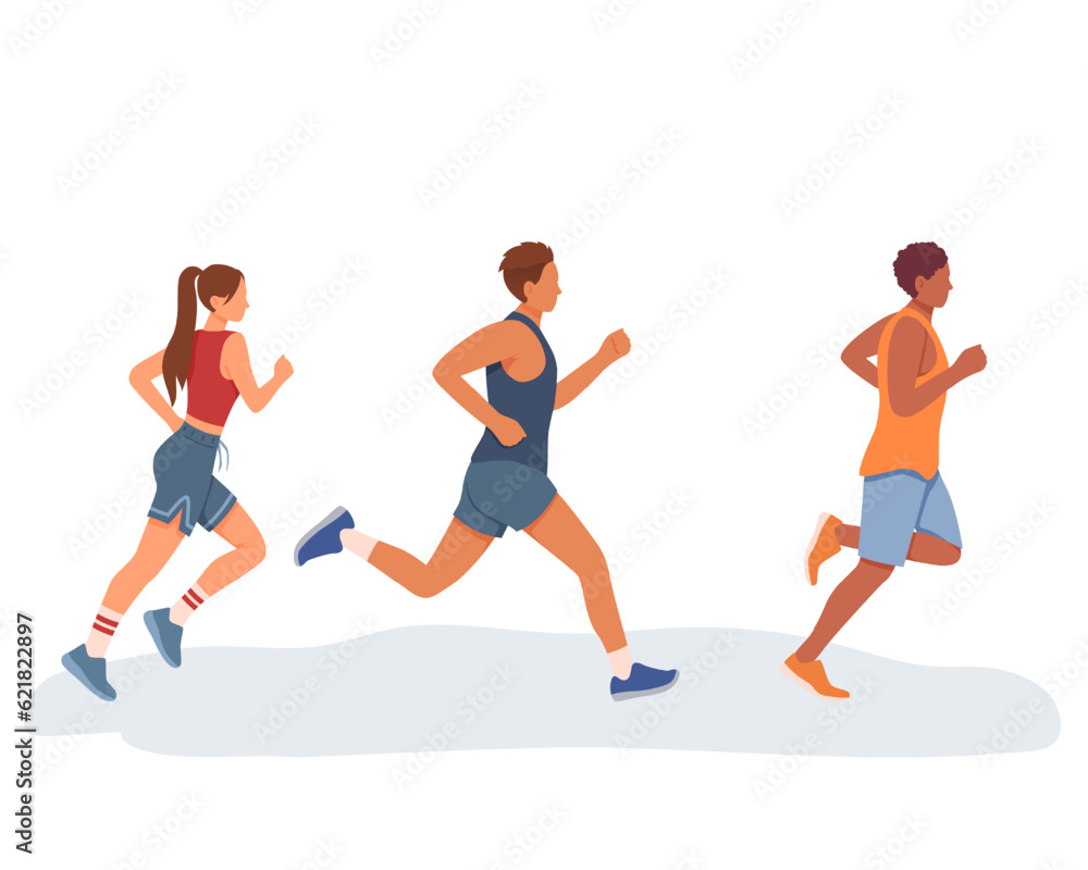 Youth running outside. Doing cardio exercises together. Concept of healthy and active lifestyle. Running competition. Time to lose weight. Vector flat illustration Youth running outside. Doing cardio exercises together. Concept of healthy and active lifestyle. Running competition. Time to lose weight. Vector flat illustration