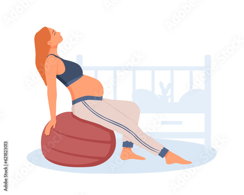 Pretty female sitting on ball and looking up. Regular physical activity and healthy lifestyle. Healthy pregnancy and sports. Doing prenatal yoga. Vector flat illustration