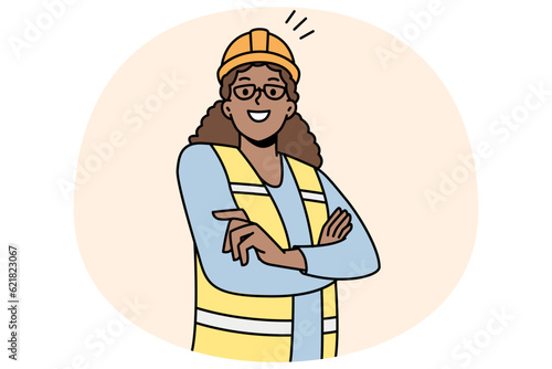 Happy African American female worker in uniform posing outdoors. Smiling biracial woman employee in helmet. Engineer occupation. Vector illustration.