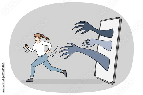 Scared woman run away from hands coming from mobile phone. Anxious girl flee from internet bullying and harassment on social media. Web abuse concept. Vector illustration.