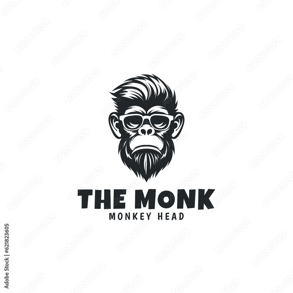 monochrome monkey head icon logo design template. silhouette of monkey head wearing glasses vector illustration