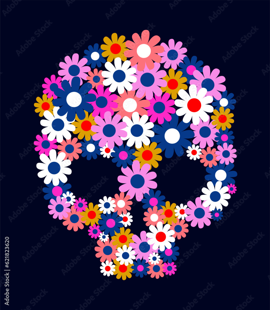 Scull decorated with daisy flowers. Floral print for Halloween and Dia de Los Muertos, vector illustration Scull decorated with daisy flowers. Floral print for Halloween and Dia de Los Muertos, vector illustration