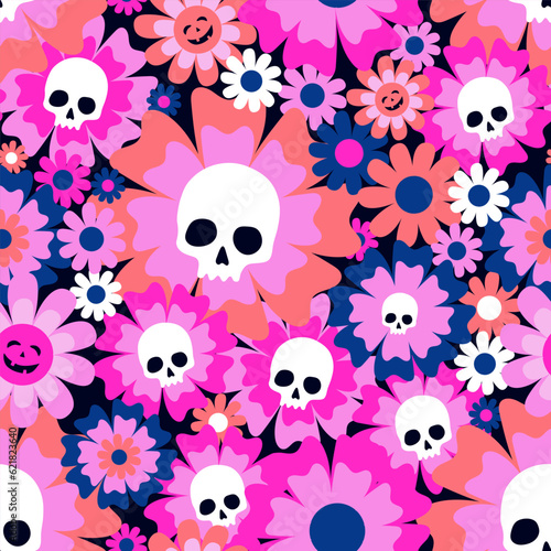 Colorful pink and blue  flowers with white sculls seamless pattern. Vector illustration for halloween and day of dead.