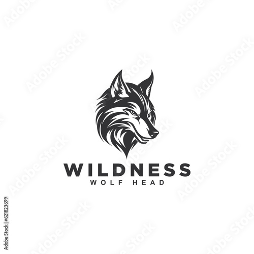 monochrome wolf head logo design template vector icon illustration
