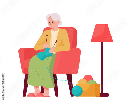 Old lady sitting in armchair and knitting. Grandmother doing household duties. Concept of housekeeping and retirement. Happy old age. Vector flat illustration in red and green colors