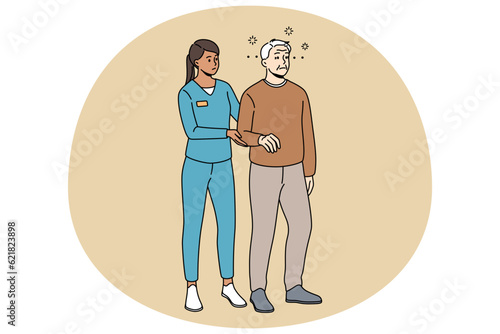 Caring nurse help elderly male patient walking suffering from dizziness. Therapist or medical worker assist mature grandparent with rehabilitation. Healthcare. Vector illustration.
