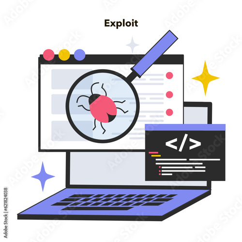 Exploit software tool. Software bug or vulnerability break out. Cyber