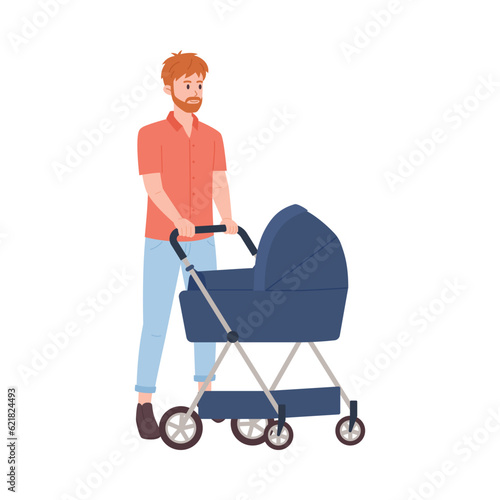 Smiling bearded man walking with baby carriage flat style, vector illustration