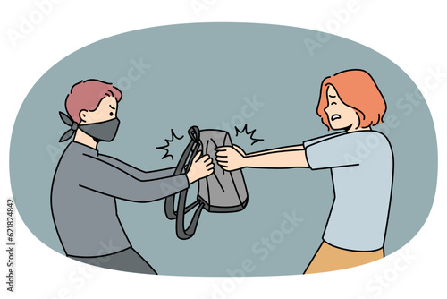 Thief in mask stealing bag from woman on street. Man criminal robbing female outside. Crime and robbery concept. Vector illustration.